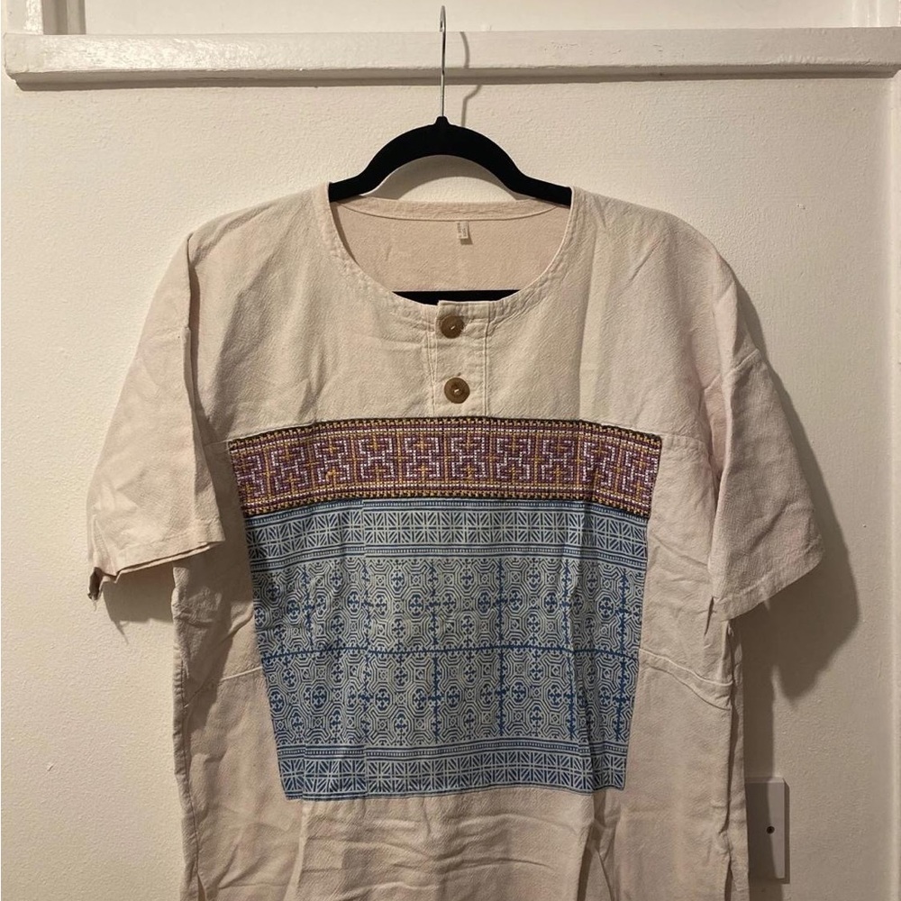 Men's Beige and Blue Patterned Shirt
